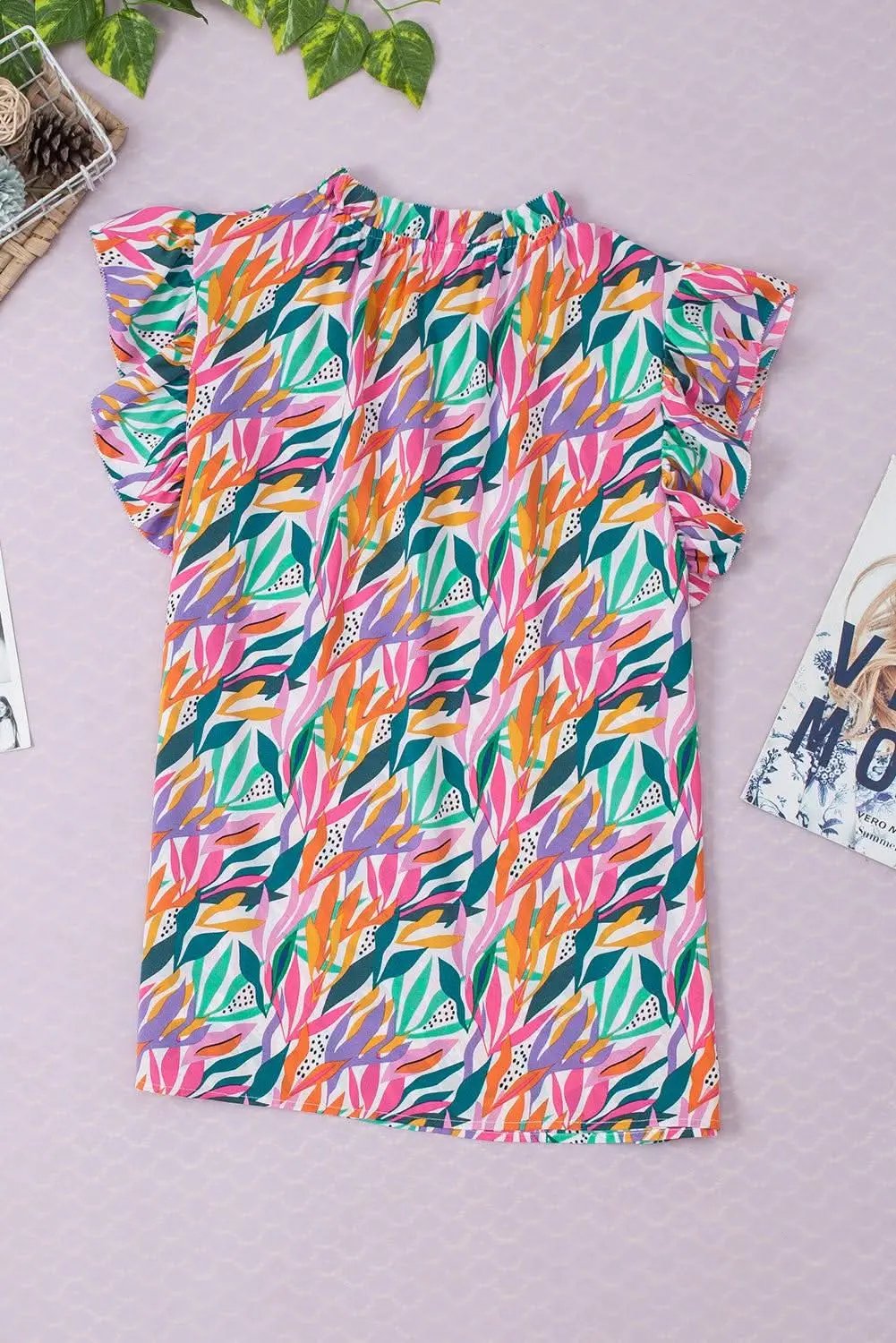 Rose Red Floral Print Ruffled Flutter Sleeve Blouse - Love Salve